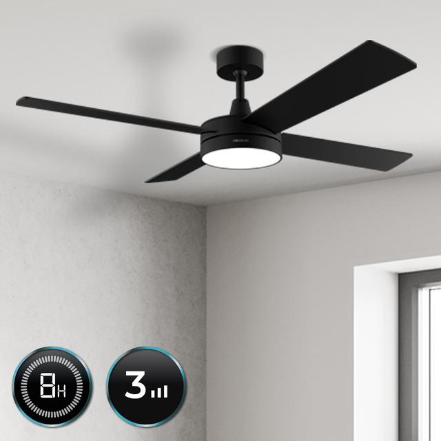 Ventilatore da soffitto con telecomando, timer e luce LED EnergySilence Aero 5200 Line. 60 W, motore in rame, 52", 4 pale, 3 velocità, funzione invernale (nero)