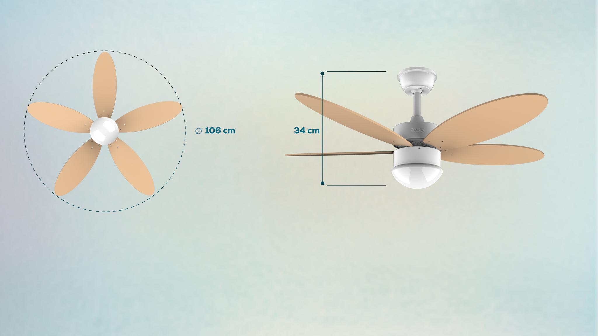 El ventilador cuenta con 5 aspas aerodinámicas de 42 pulgadas que reparten de forma uniforme y constante un gran flujo de aire.
