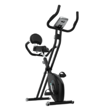 DrumFit X-Bike Neo Pro Bicicleta de exercício dobrável com encosto. Ecrã LCD. Resistência magnética variável. Selim de conforto com encosto e alças de apoio laterais. Suporte para tabletes e rodas de transporte.
