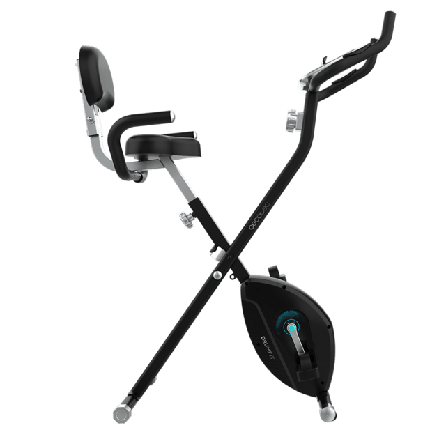 DrumFit X-Bike Neo Pro Bicicleta de exercício dobrável com encosto. Ecrã LCD. Resistência magnética variável. Selim de conforto com encosto e alças de apoio laterais. Suporte para tabletes e rodas de transporte.