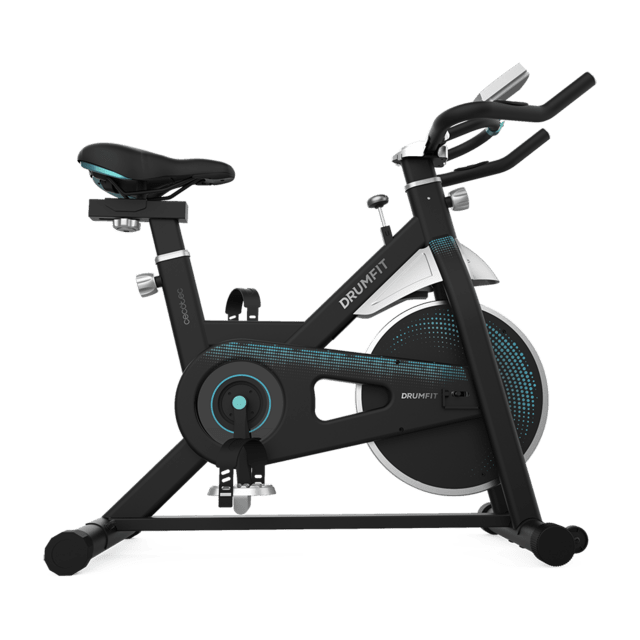 DrumFit Indoor 13000 Delfos Bicicleta indoor com volante de inércia 13 kg, resistência manual, guiador e selim desportivos, ecrã LCD, sensor do ritmo cardíaco, apoios para os pés e travão de emergência.