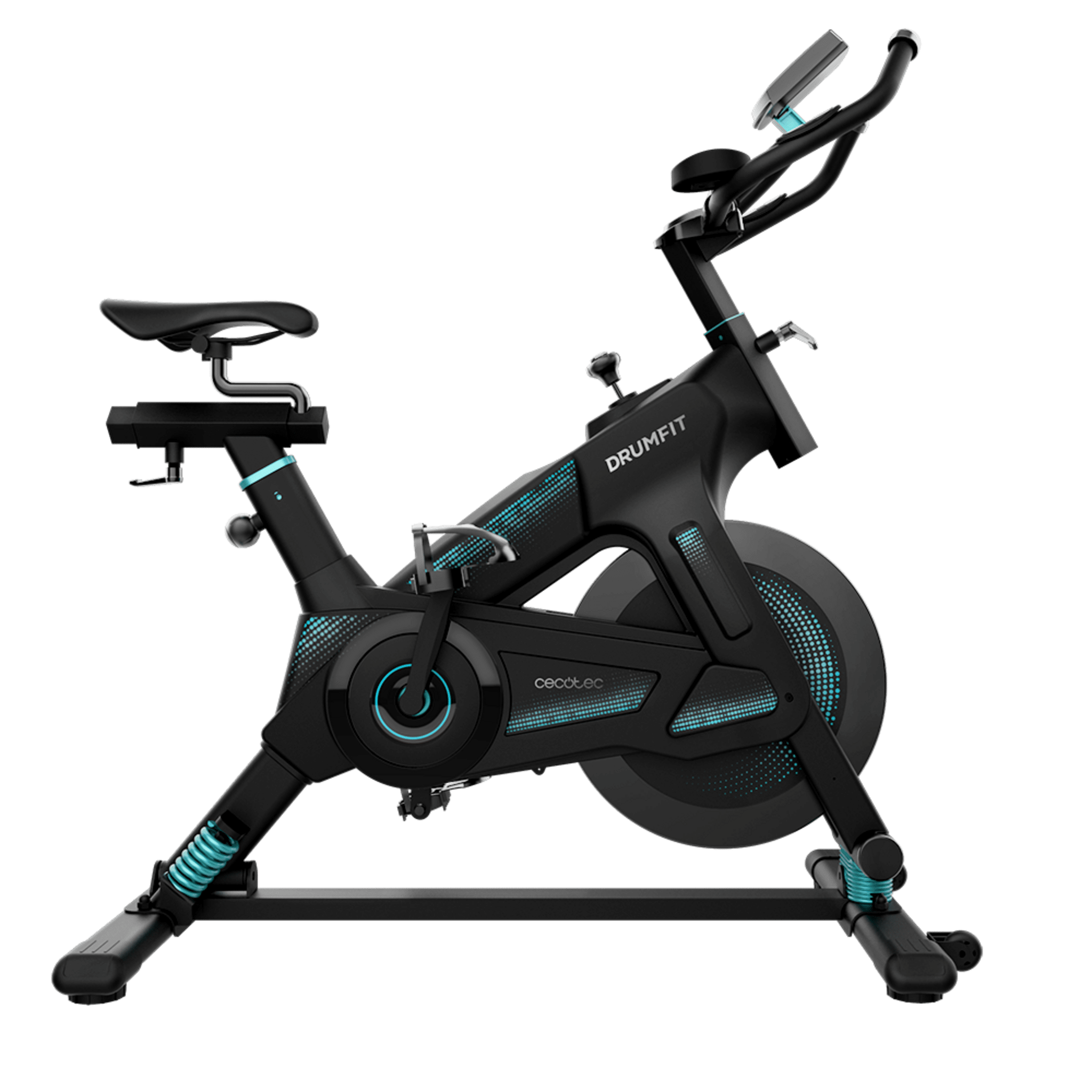 DrumFit Indoor 23000 Kosmos Pro Bicicleta indoor con tecnología Dynamic Pro, volante de inercia de 23 kg, resistencia manual, manillar y sillín deportivos, pantalla LCD, sensor de frecuencia cardíaca,  calapies y freno de emergencia.