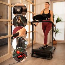 Drumfit Wayhome 800 Prometeo Tapis roulant pieghevole con potenza 550W. Da 1 a 10 km/h. 12 programmi predefiniti. Pannello di controllo LCD. Superficie di corsa 100 x 40 cm. Con ruote per il trasporto, portabottiglie e portacellulare. Peso massimo consentito: 120 Kg.