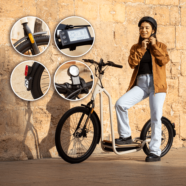Bicinete Urban Bicinete eléctrico con motor de 1000 W (500 W nominal) y autonomía de 50 km. Rueda trasera de 20" y delantera de 26". Cumple con todos los requisitos de la nueva normativa española de circulación.