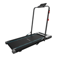 DrumFit WayHome 600 Pad ultracompacta, Passadeira com uma grande superfície de corrida de 100x40 cm, corrimão dobrável horizontalmente, altifalantes com funcionamento Bluetooth, suporte de tablet, ecrã LCD de alta visibilidade, controlo remoto, velocidade até 6 km/h e potência de 550 W / 0,75 CV.