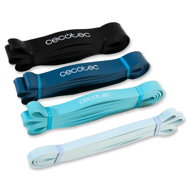 DrumFit Power Band Set Set de 4 cintas elásticas con distintos niveles de resistencia 15 Kg - 60 Kg. Hechas de látex e incluyen bolsa de transporte.