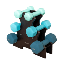 DrumFit Dumbbell 123 Neoprene Diamond Set de 6 mancuernas hexagonales sweatproof de 1, 2 y 3 Kg con recubrimiento de neopreno de alta adherencia para favorecer un mayor agarre y comodidad durante el ejercicio. Indicado para todo tipo de usuarios. Con soporte incluido para almacenarlas en el mínimo espacio.