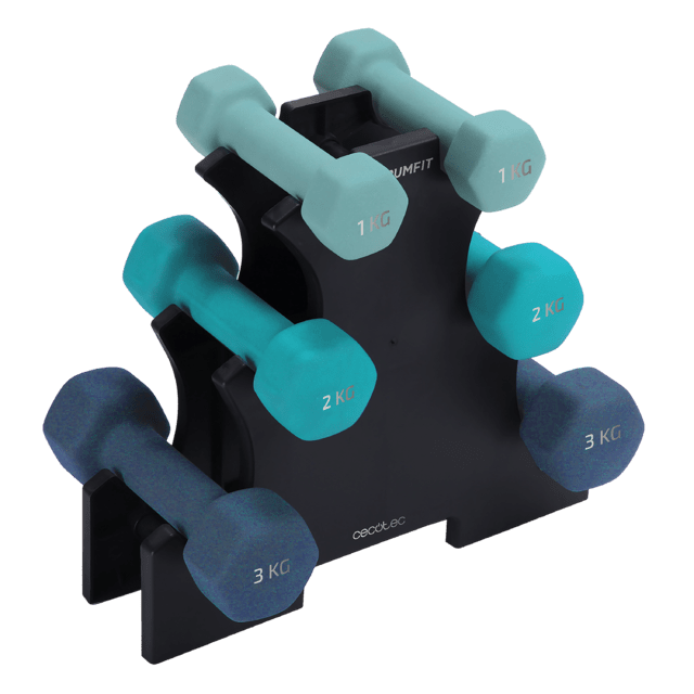 DrumFit Dumbbell 123 Néoprène Ensemble de 6 haltères hexagonaux anti-transpiration de 1, 2 et 3 kg avec revêtement en néoprène à haute adhérence pour offrir une meilleure adhérence et un plus grand confort pendant l'exercice. Convient à tous les types d'utilisateurs. Avec support inclus pour les ranger dans un minimum d'espace.