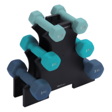 DrumFit Dumbbell 123 Neoprene Set de 6 mancuernas hexagonales sweatproof de 1, 2 y 3 Kg con recubrimiento de neopreno de alta adherencia para favorecer un mayor agarre y comodidad durante el ejercicio. Indicado para todo tipo de usuarios. Con soporte incluido para almacenarlas en el mínimo espacio.