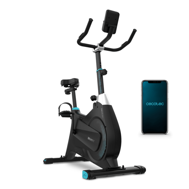 DrumFit Indoor 4000 Magno Connected Bicicleta indoor com resistência magnética para um treino silencioso, conectividade Bluetooth, design compacto e desportivo, selim e guiador ergonómicos e ajustáveis, ecrã LCD, suporte de tablet, apoios para os pés e rodas de transporte.