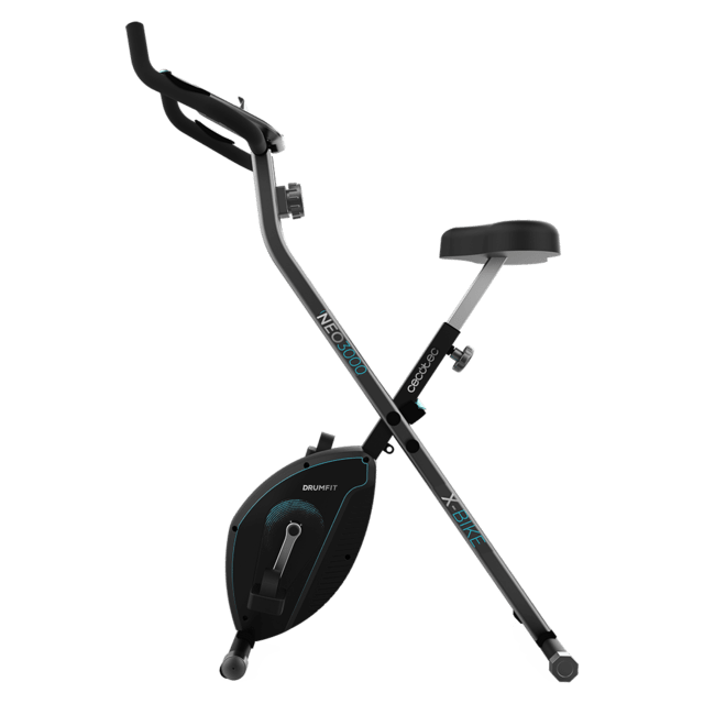 Drumfit X-Bike 3000 Neo Titanium Bicicleta estática plegable. Pantalla LCD. Volante de inercia 3 Kg. Resistencia magnética variable. Sillín confort. Soporte para tablet y ruedas de transporte.