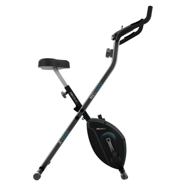 DrumFit X-Bike 3000 Neo Bicicleta estática dobrável. Ecrã LCD. 3 kg de volante de inércia Resistência magnética variável. Selim comfort. Suporte para tabletes e rodas de transporte.