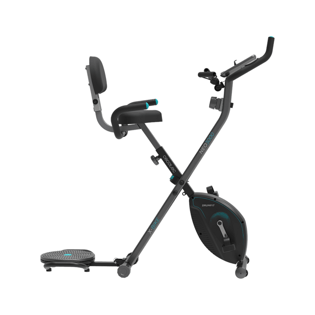 DrumFit X-Bike 3000 Neo Pro Cyclette pieghevole. Volano 3kg. Sistema MultiTrainer: due elastici e una piattaforma rotante per la torsione della vita e dei fianchi. Schermo a cristalli liquidi. Resistenza magnetica variabile. Sella comoda. Supporto tablet e ruote di trasporto.