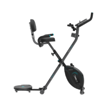 Bicicleta ergométrica dobrável DrumFit X-Bike 3000 Neo Pro. Volante 3 kg. Sistema MultiTrainer: Duas faixas elásticas e uma plataforma giratória de torção de cintura e quadril. Ecrã LCD. Resistência magnética variável. Sela confortável. Suporte para tablet e rodas de transporte.