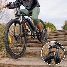 Bicicleta eléctrica e-Xplore de montaña de batería extraíble con 55 km de autonomía, 27,5" , suspensión delantera, cambio Shimano de 7 velocidades y doble disco de freno.