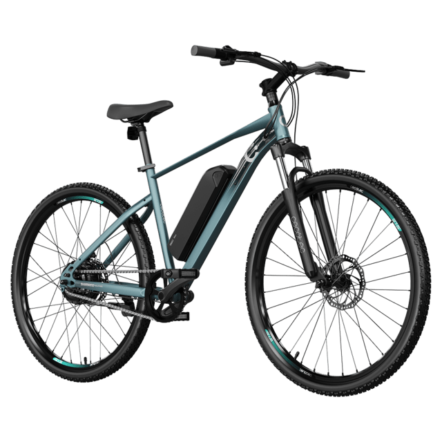Bicicleta eléctrica e-Xplore de montaña de batería extraíble con 55 km de autonomía, 27,5" , suspensión delantera, cambio Shimano de 7 velocidades y doble disco de freno.