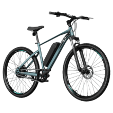 Bicicleta de montanha elétrica MTB de bateria amovível com 55 km de autonomia, 27,5", suspensão dianteira, caixa de velocidades shimano de 21 velocidades e travões de disco duplo.