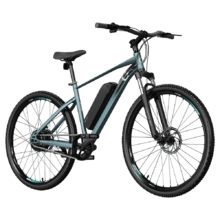 Bicicleta eléctrica e-Xplore de montaña de batería extraíble con 55 km de autonomía, 27,5" , suspensión delantera, cambio Shimano de 7 velocidades y doble disco de freno.