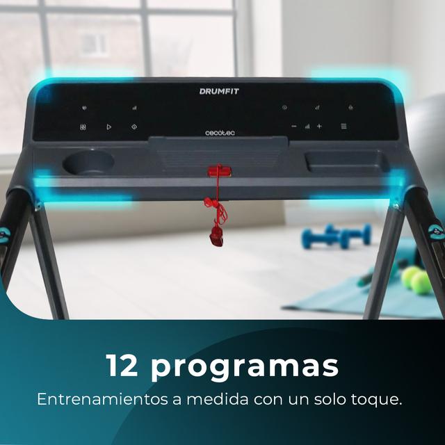 DrumFit WayHome 1000 Runner Sprint Tapis roulant pieghevole con potenza 600 W. Da 1 a 10 km/h. 12 programmi predefiniti. Pannello di controllo LED. Superficie di corsa 100x40 cm. Pieghevole, con ruote per il trasporto, sistema di sicurezza magnetico, cardiofrequenzimetro, inclinazione manuale e supporto dispositivo.