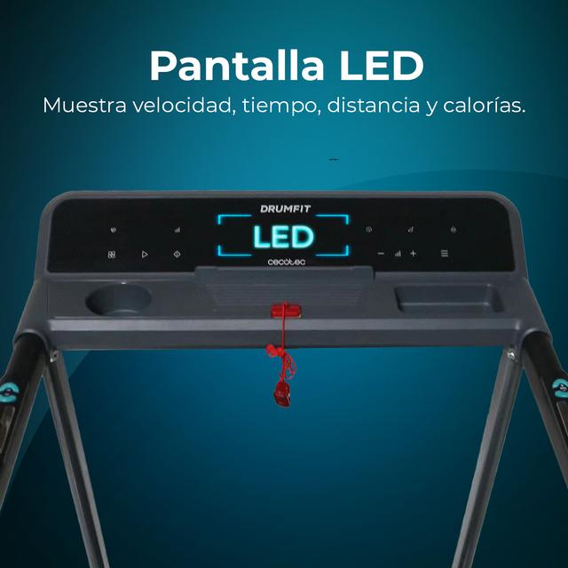 DrumFit WayHome 1000 Runner Sprint Tapis roulant pieghevole con potenza 600 W. Da 1 a 10 km/h. 12 programmi predefiniti. Pannello di controllo LED. Superficie di corsa 100x40 cm. Pieghevole, con ruote per il trasporto, sistema di sicurezza magnetico, cardiofrequenzimetro, inclinazione manuale e supporto dispositivo.