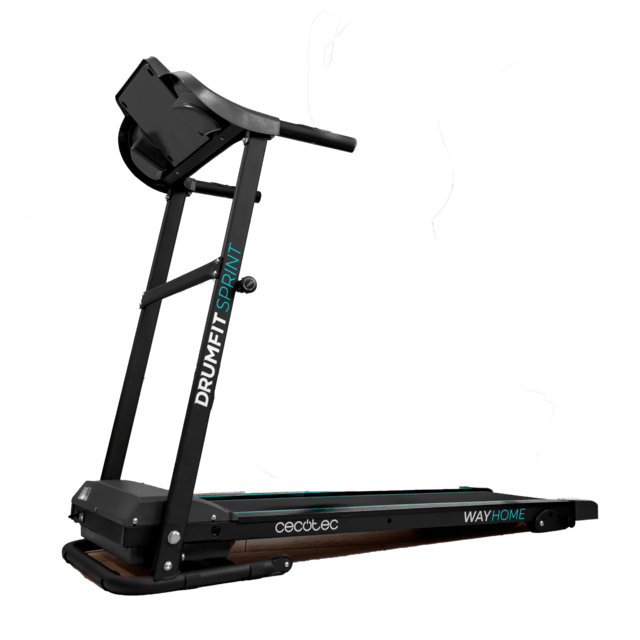 DrumFit WayHome 1400 Sprint Diamond Cinta de correr plegable con potencia de 900 W. De 1 a 14 Km/h. 12 programas predefinidos. Panel de control LCD. Superficie de carrera de 110x40 cm. Inclinación manual. Plegable, con ruedas de transporte, pulsómetro, sistema de seguridad magnético y soporte para dispositivos.