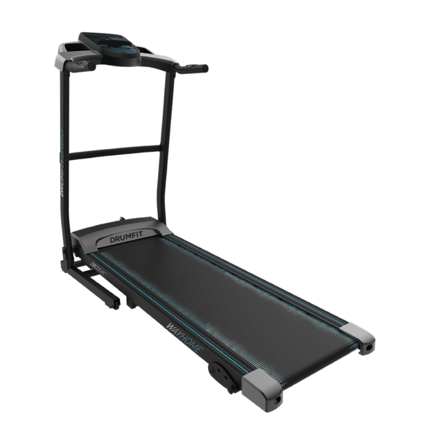 DrumFit WayHome 1500 Sprint Style Cinta de correr plegable con potencia de 1100 W. De 1 a 15 Km/h. 12 programas predefinidos. Panel de control LCD. Superficie de carrera de 120x40 cm. Inclinación manual. Conectividad bluetooth y altavoces. Plegable, con ruedas de transporte, pulsómetro, sistema de seguridad magnético y soporte para dispositivos.