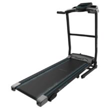 DrumFit WayHome 1500 Sprint Cinta de correr plegable con potencia de 1100 W. De 1 a 15 Km/h. 12 programas predefinidos. Panel de control LCD. Superficie de carrera de 120x40 cm. Inclinación manual. Conectividad bluetooth y altavoces. Plegable, con ruedas de transporte, pulsómetro, sistema de seguridad magnético y soporte para dispositivos.