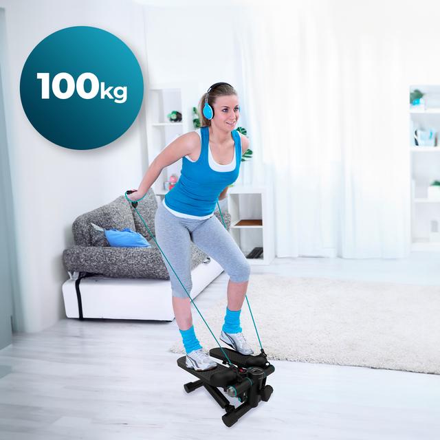 Stepper Drumfit StepTrain 1000 Band Stepper com elásticos de resistência. Ecrã LCD. Pedais antiderrapantes. Resistência manual. Peso máximo do utilizador de 100 kg.