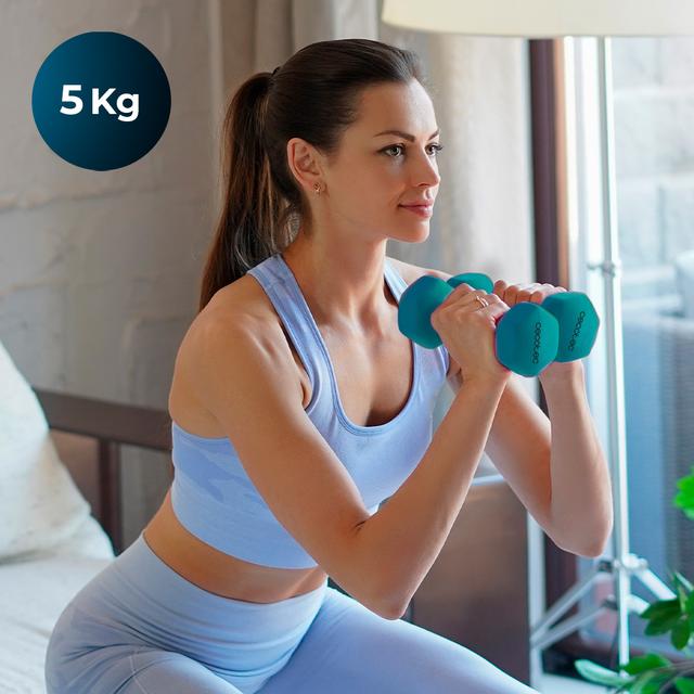 Drumfit 500 DoubleNeo Jeu de 2 haltères de 5 kg avec revêtement antidérapant en néoprène. Dimensions : 20,5 x 10,5 x 10 cm