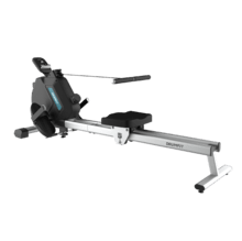 Drumfit Rower 5500 Regatta Máquina de remo plegable con sistema de resistencia magnética y diferentes niveles de intensidad. Volante de inercia de 5,5 kg. Posee display LCD, reposapiés con correas ajustables, ruedas de transporte y soporte para dispositivos.