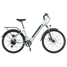 City Woman Bicicleta urbana elétrica com 90 km de autonomia, suspensão dianteira, caixa de velocidades shimano de 7 velocidades e travões de disco duplo.