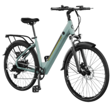 City Woman Bicicleta urbana elétrica com 90 km de autonomia, suspensão dianteira, caixa de velocidades shimano de 7 velocidades e travões de disco duplo.