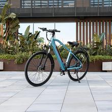 City Men Bicicleta urbana elétrica com 90 km de autonomia, suspensão dianteira, caixa de velocidades shimano de 7 velocidades e travão hidráulico de disco duplo.