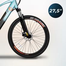 Mountain bike elettrica Mountain Ventus 27,5", con 90Km di autonomia, sospensione anteriore, cambio Shimano a 24 velocità e doppio freno a disco idraulico.