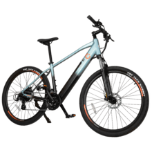 Mountain bike elettrica Mountain Ventus 27,5", con 90Km di autonomia, sospensione anteriore, cambio Shimano a 24 velocità e doppio freno a disco idraulico.