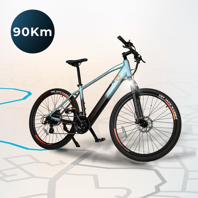 Mountain Ventus Bicicleta de montanha elétrica com 90 km de autonomia, suspensão dianteira, caixa de velocidades shimano de 24 velocidades e travão hidráulico de disco duplo.