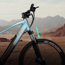Mountain bike elettrica Mountain Ventus 27,5", con 90Km di autonomia, sospensione anteriore, cambio Shimano a 24 velocità e doppio freno a disco idraulico.