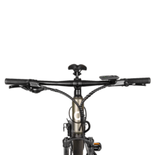 Mountain bike elettrica da 29", con 120 km di autonomia, doppia sospensione, cambio Shimano Cues a 10 velocità e freno idraulico Tektro a doppio disco.