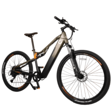 Mountain bike elettrica da 29", con 120 km di autonomia, doppia sospensione, cambio Shimano Cues a 10 velocità e freno idraulico Tektro a doppio disco.