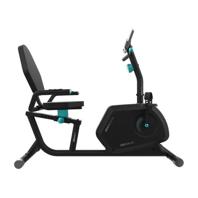 DrumFit Static 6000 Seat Bicicleta de exercício reclinada com 8 níveis de resistência magnética. Volante de inércia: 6 kg. Ecrã LCD. Monitor cardíaco. Suporte para dispositivo. Rodas de transporte.