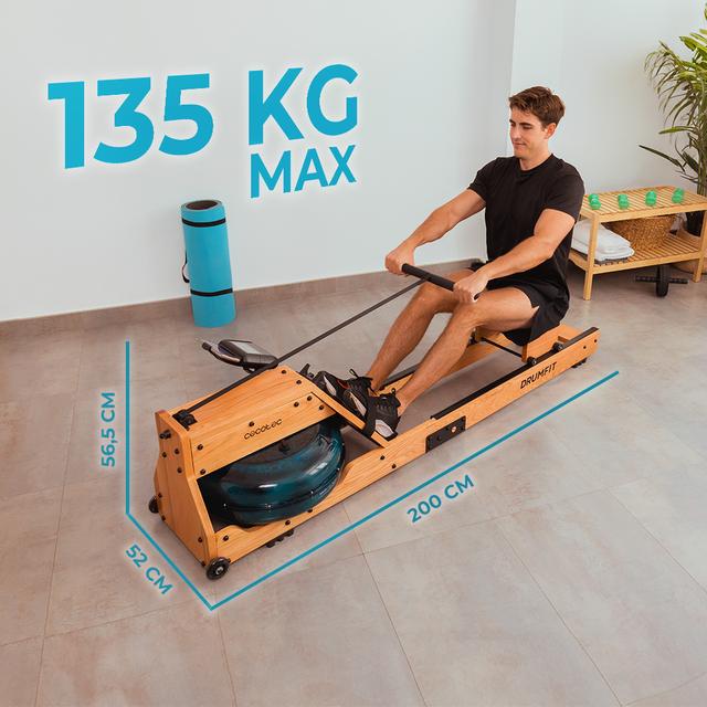 Drumfit Rower 20000 Neptuno Wood Rameur à résistance à l’eau avec finition en bois. Réservoir de 13 litres de capacité. APP. Selle ajustable horizontalement. Écran LCD. Support pour dispositifs électroniques Double guidon. Poids maximum de 135 kg et taille maximale de 195 cm.