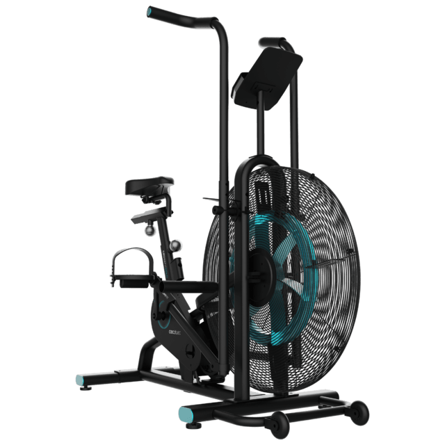 Drumfit WOD Rider 3000 Eolo Bicicleta de resistencia al aire. Air Bike. Ventilador 62 cm de diámetro. Sillín ajustable horizontal y verticalmente. Pantalla LCD. Soporte para dispositivos. Calapiés. Manillar acolchado. Pedaleo bidireccional. Ruedas de transporte. Peso máximo de 120 kg y altura máxima 190 cm.