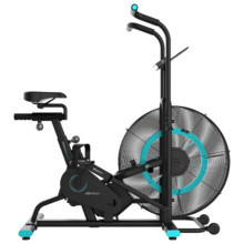 Drumfit CrossFit 3000 Eolo Bicicleta de resistencia al aire. Air Bike. Ventilador 62 cm de diámetro. Sillín ajustable horizontal y verticalmente. Pantalla LCD. Soporte para dispositivos. Calapiés. Manillar acolchado. Pedaleo bidireccional. Ruedas de transporte. Peso máximo de 120 kg y altura máxima 190 cm.