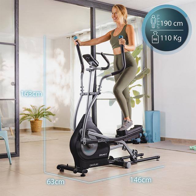 Drumfit Elliptical 8000 Motor Pro Cyclette con resistenza magnetica regolabile a motore. APP.  Pieghevole. Display LCD con supporto per dispositivi. Volano inerziale da 8 kg. Cardiofrequenzimetro. Passo di 40 cm.