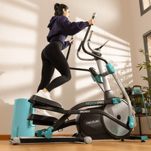 Drumfit Elliptical 10000 Motor Pro Bicicleta elíptica de resistencia magnética regulable a motor. 32 niveles de resistencia. APP. Plegable. Pantalla LCD con soporte para dispositivos. Volante de inercia 10 kg. Pulsómetro. Zancada 43 cm. Doble raíl. Peso máximo de 150 kg y altura máxima 190 cm.