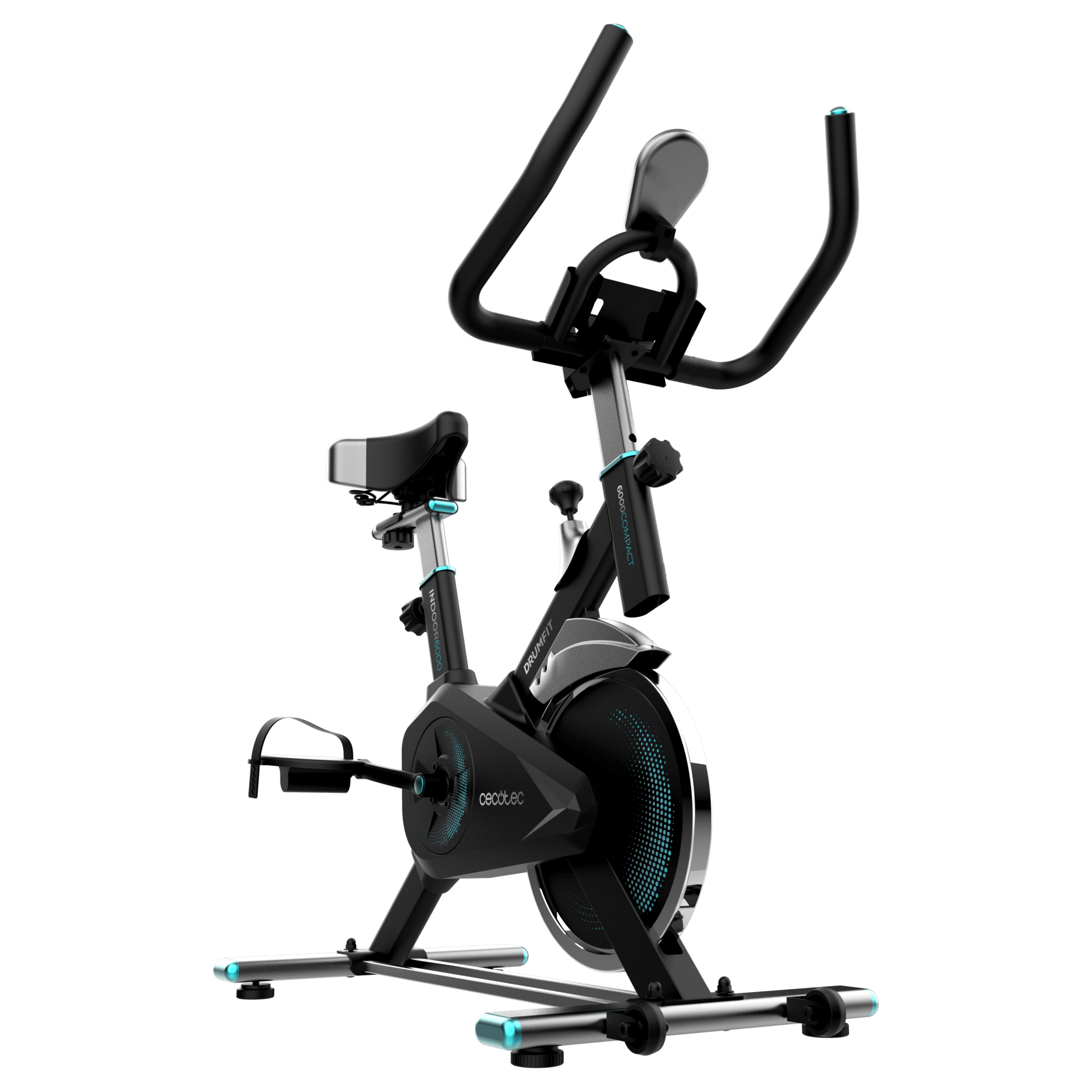 DrumFit Indoor 6000 Compact Diamond Bicicleta de ciclismo indoor compacta con volante de inercia de 6 Kg. Pantalla LCD. Soporte para dispositivos. Ruedas de transporte. Resistencia ajustable. Sillín y manillar ajustables. Peso máximo de 120 kg y altura máxima 175 cm.