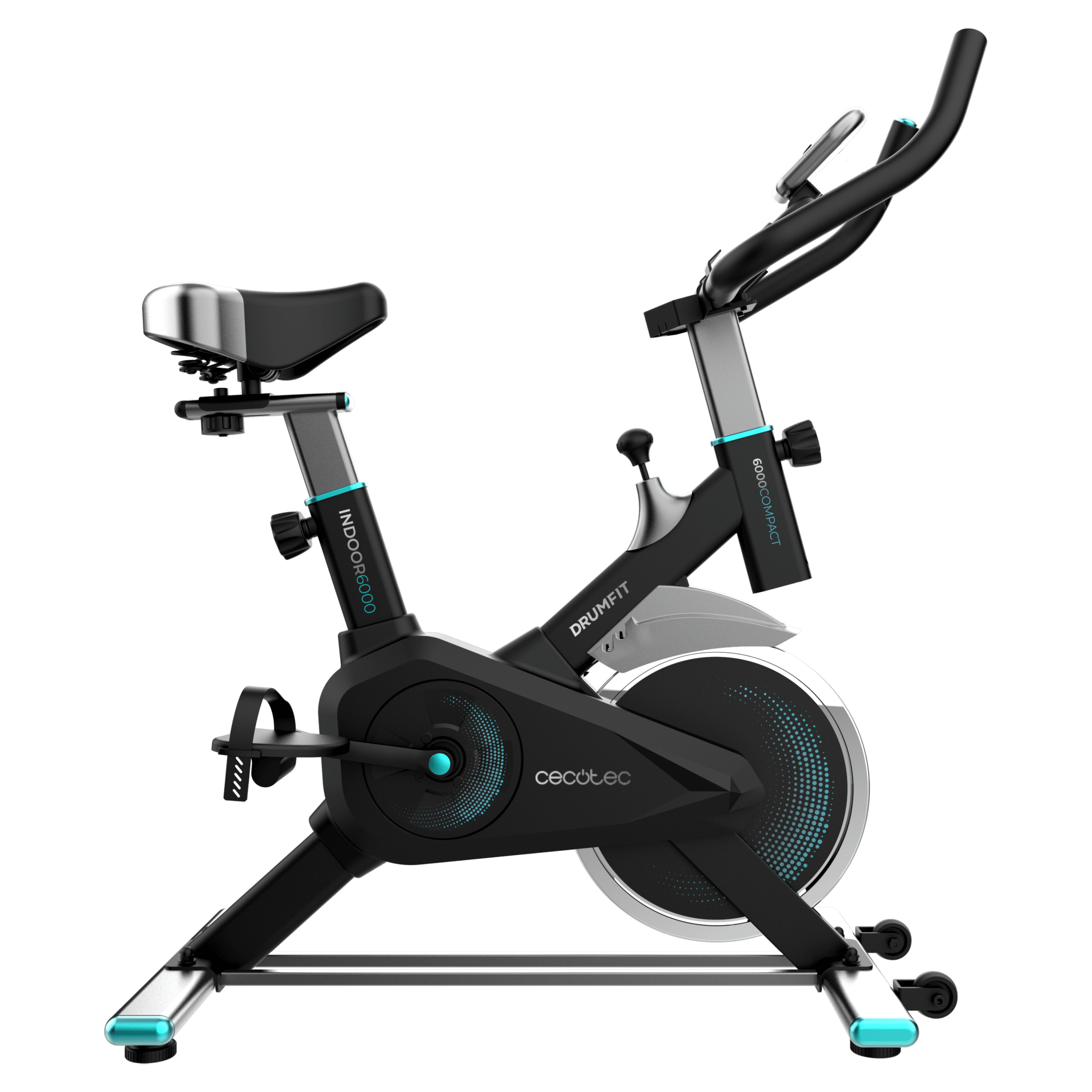 DrumFit Indoor 6000 Compact Bicicleta indoor compacta de spinning con volante de inercia de 6 Kg. Pantalla LCD. Soporte para dispositivos. Ruedas de transporte. Resistencia ajustable. Sillín y manillar ajustables. Peso máximo de 120 kg y altura máxima 175 cm.