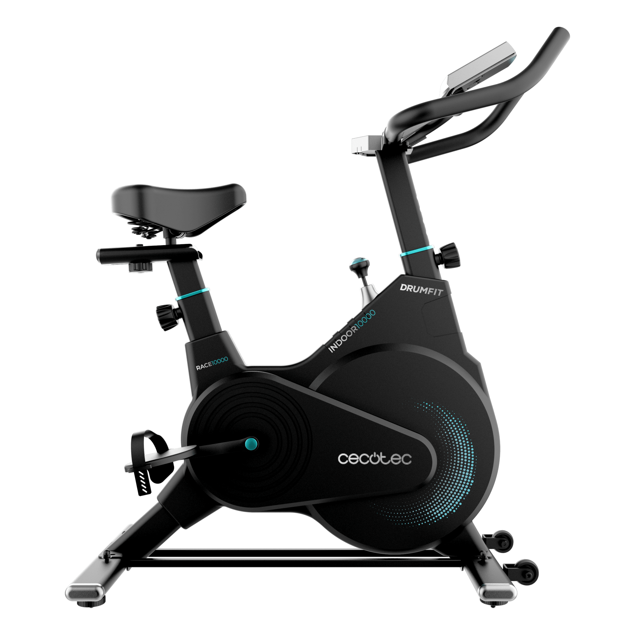 DrumFit Indoor 10000 Race Bicicleta de ciclismo indoor compacta para interior com volante de inércia de 10 kg. Ecrã LCD. Suporte para dispositivo. Monitor cardiaco. Rodas de transporte. Resistência por fricção. Selim regulável em vertical e horizontal.