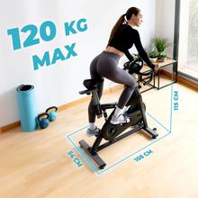 Bicicleta giratória interna DrumFit 24000 Race Sprint com volante de 24 Kg. Pulsômetro. Ecrã LCD. Suporte para dispositivo e garrafa. Rodas de transporte. Sela ajustável vertical e horizontalmente. Peso máximo 120 kg e altura máxima 190 cm.