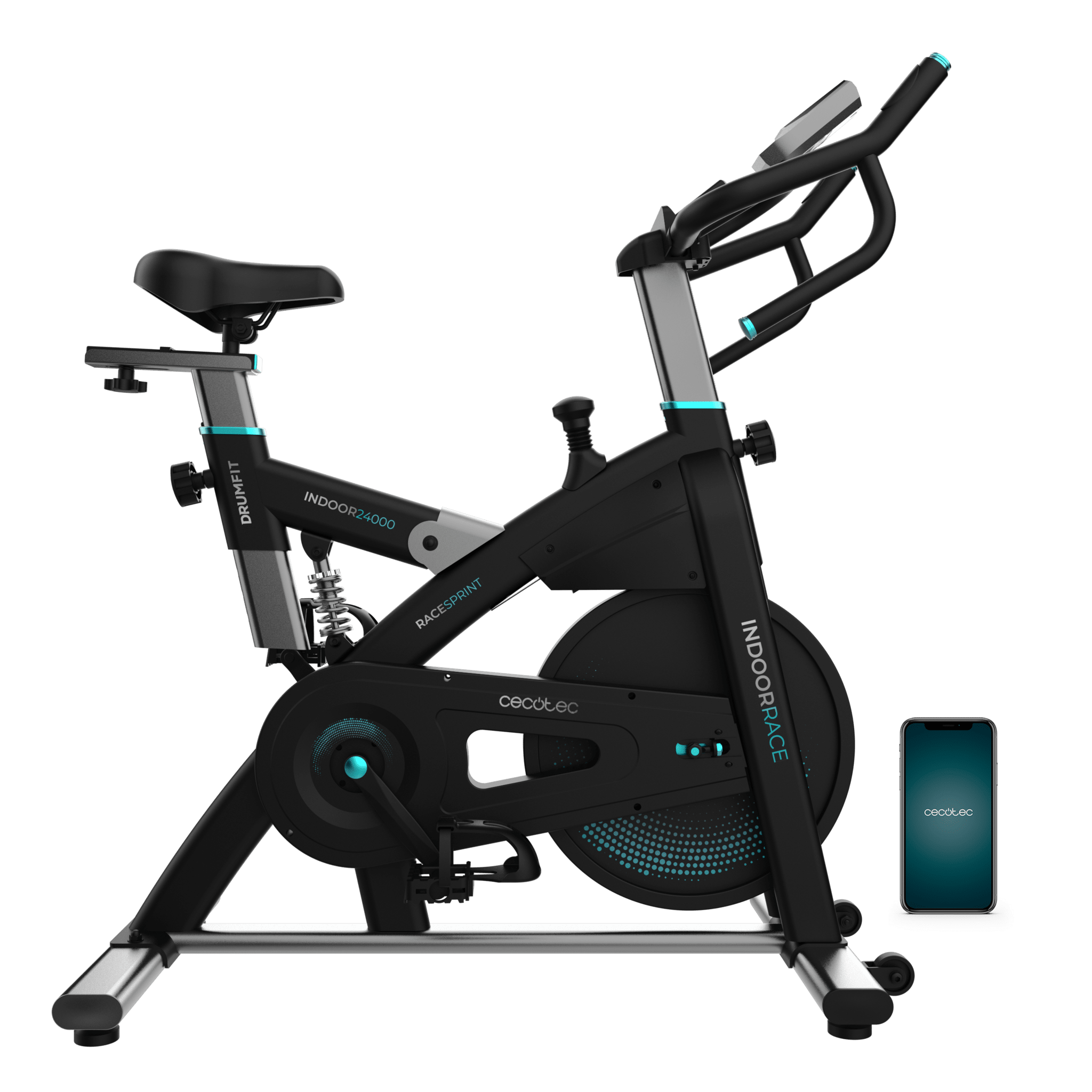 Bicicleta giratória interna DrumFit 24000 Race Sprint com volante de 24 Kg. Pulsômetro. Ecrã LCD. Suporte para dispositivo e garrafa. Rodas de transporte. Sela ajustável vertical e horizontalmente. Peso máximo 120 kg e altura máxima 190 cm.